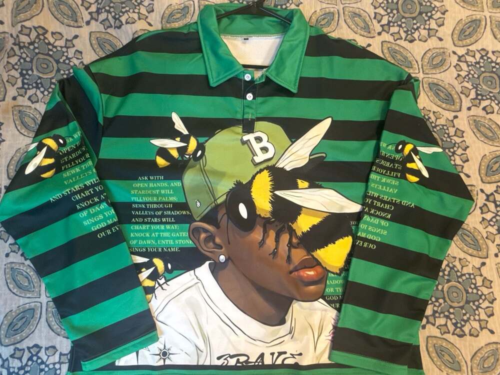 MEANS™ Open Mind Striped Bee Graphic Long Sleeve Polo Shirt